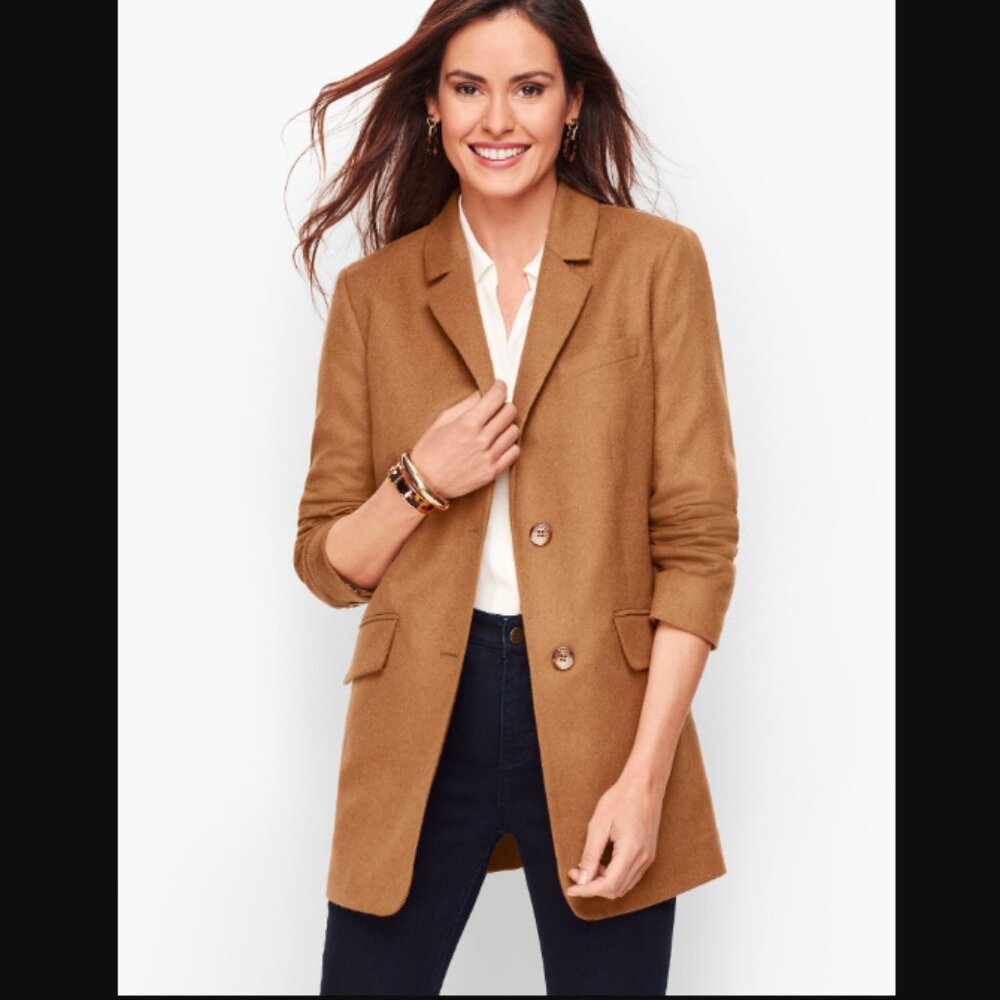 Talbots Tan Brushed Italian Wool Long Button Front Blazer Corpcore